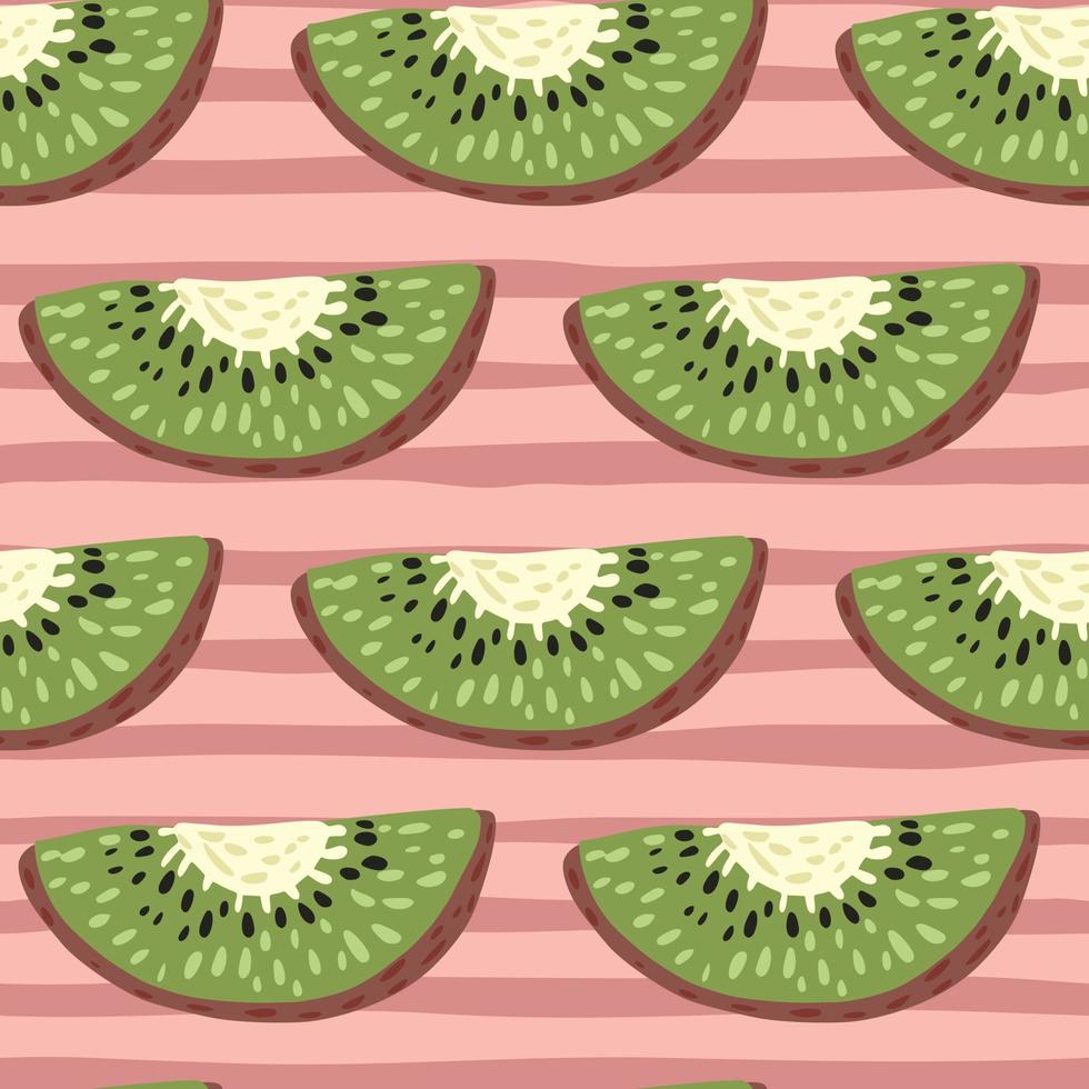 Abstract cartoon seamless pattern with simple green kiwi elements. Pink striped background. vector