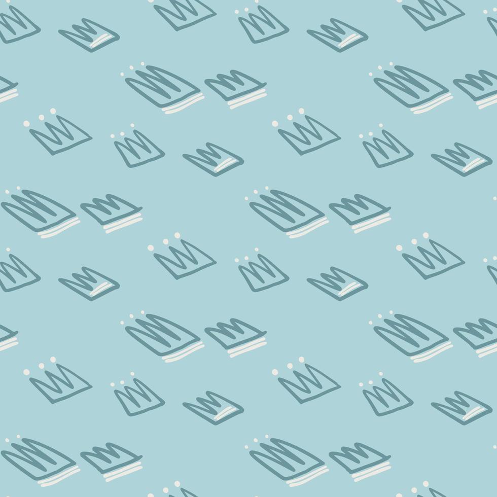 Soft blue palette seamless pattern with outline contoured crowns. Naive doodle artwork. vector