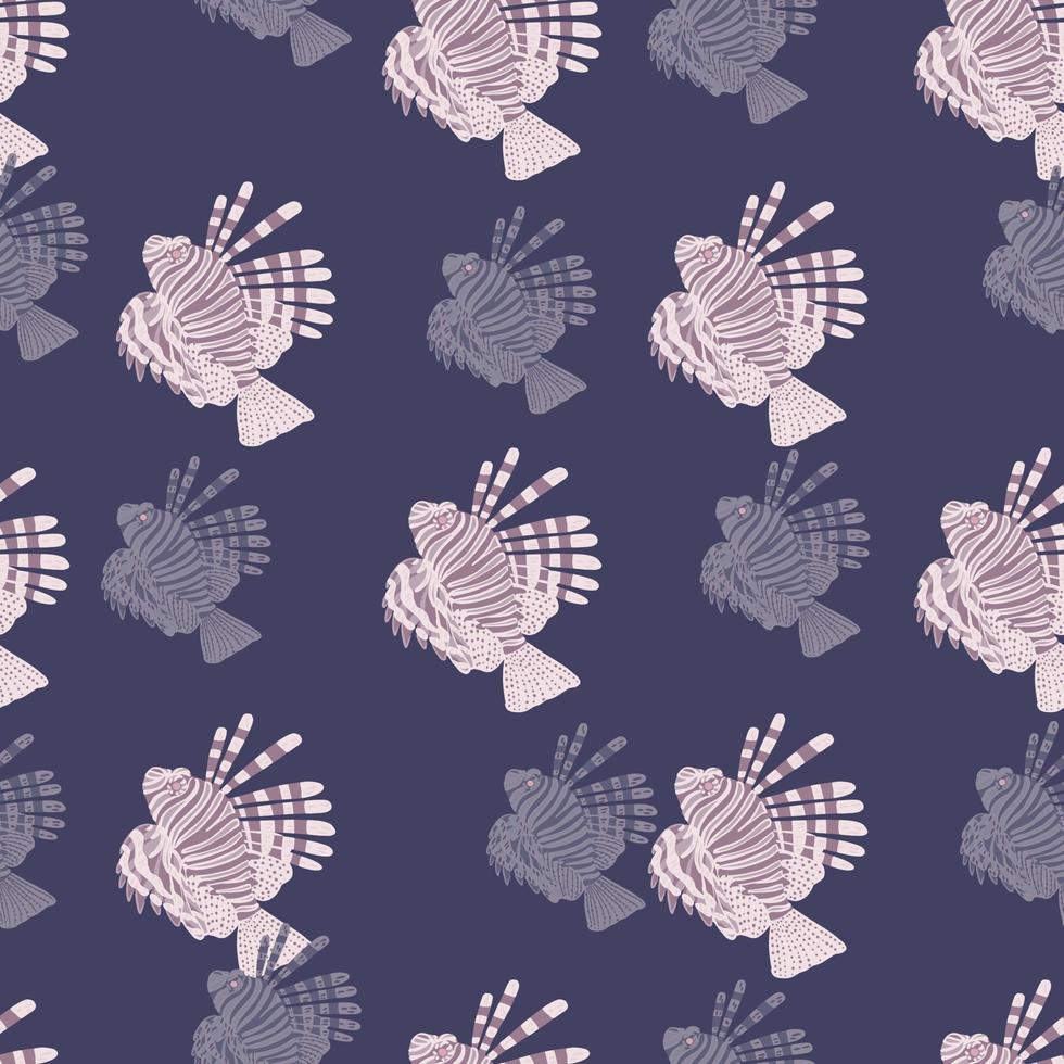 Stylized aqua seamless pattern with pink hand drawn lionfish silhouettes. Purple dark background. vector