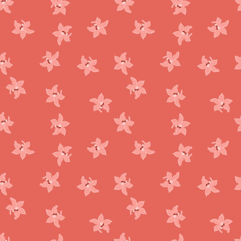 Little pink colored orchid flowers shapes seamless pattern. Orange background. Summer floral backdrop. vector