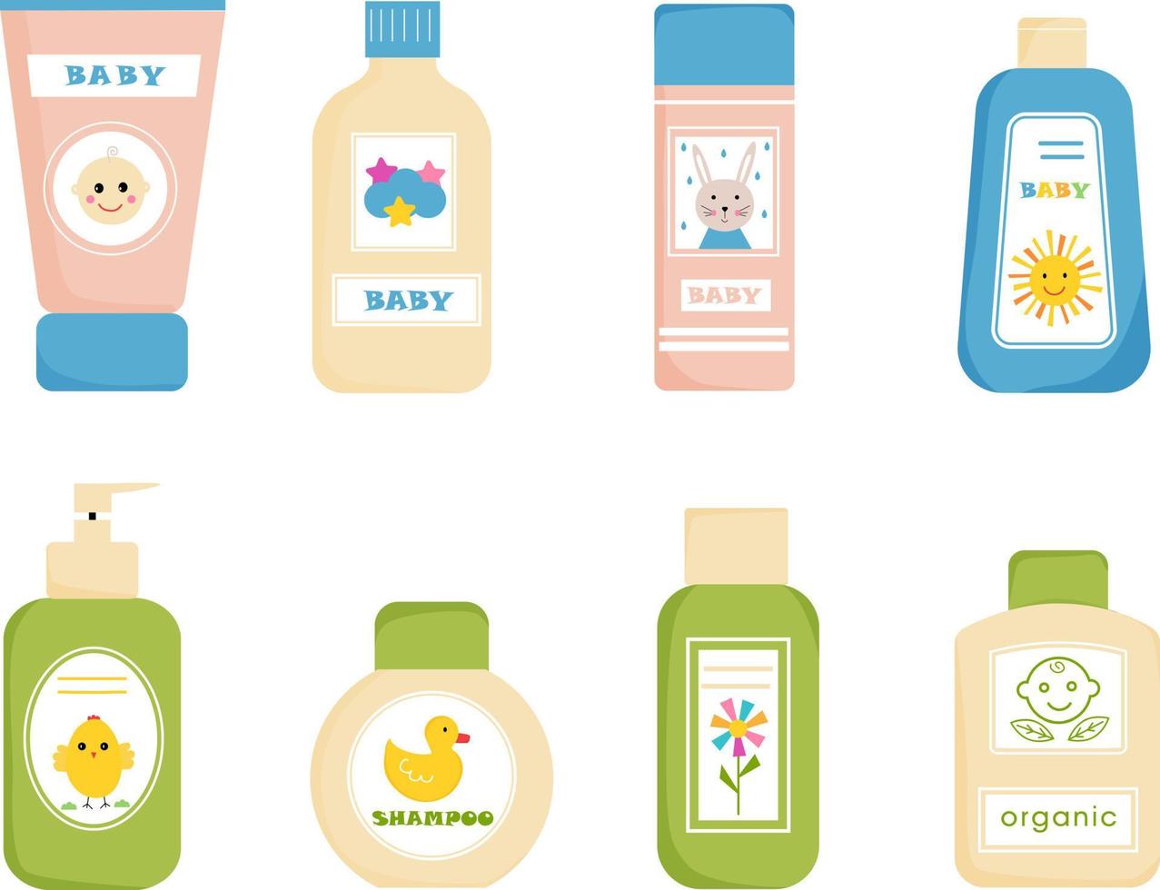 Set of tubes and botteles for baby skin care. Cosmetics for babies, kids. Cosmetics tubes with kids design. Shampoo, gel, oil, soap, cream. Vector illustration, isolated on white background