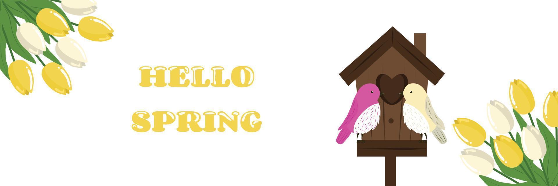 Cute Greeting Banner Hello Spring with Bouquets of Tulips and Birds in the Birdhouse vector