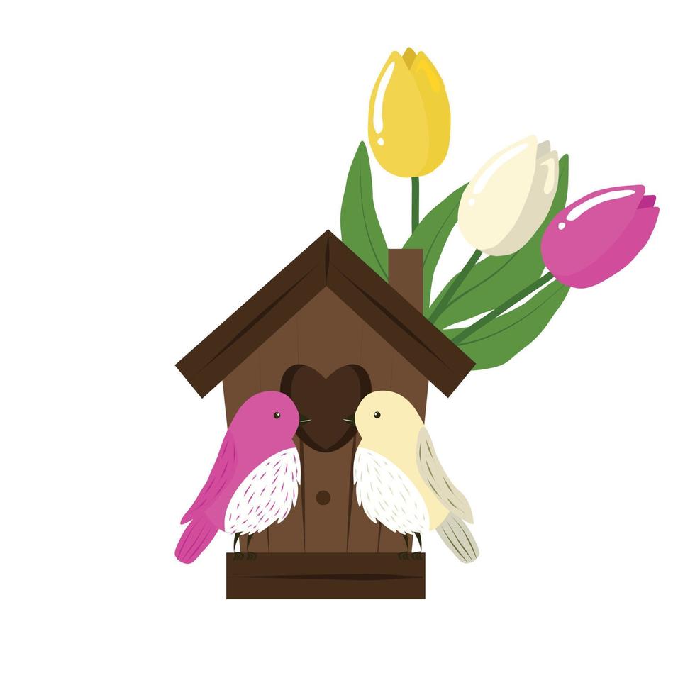 Birds in Love in a Birdhouse Composition with a Bouquet of Colorful Tulips Hello Spring Gardening vector