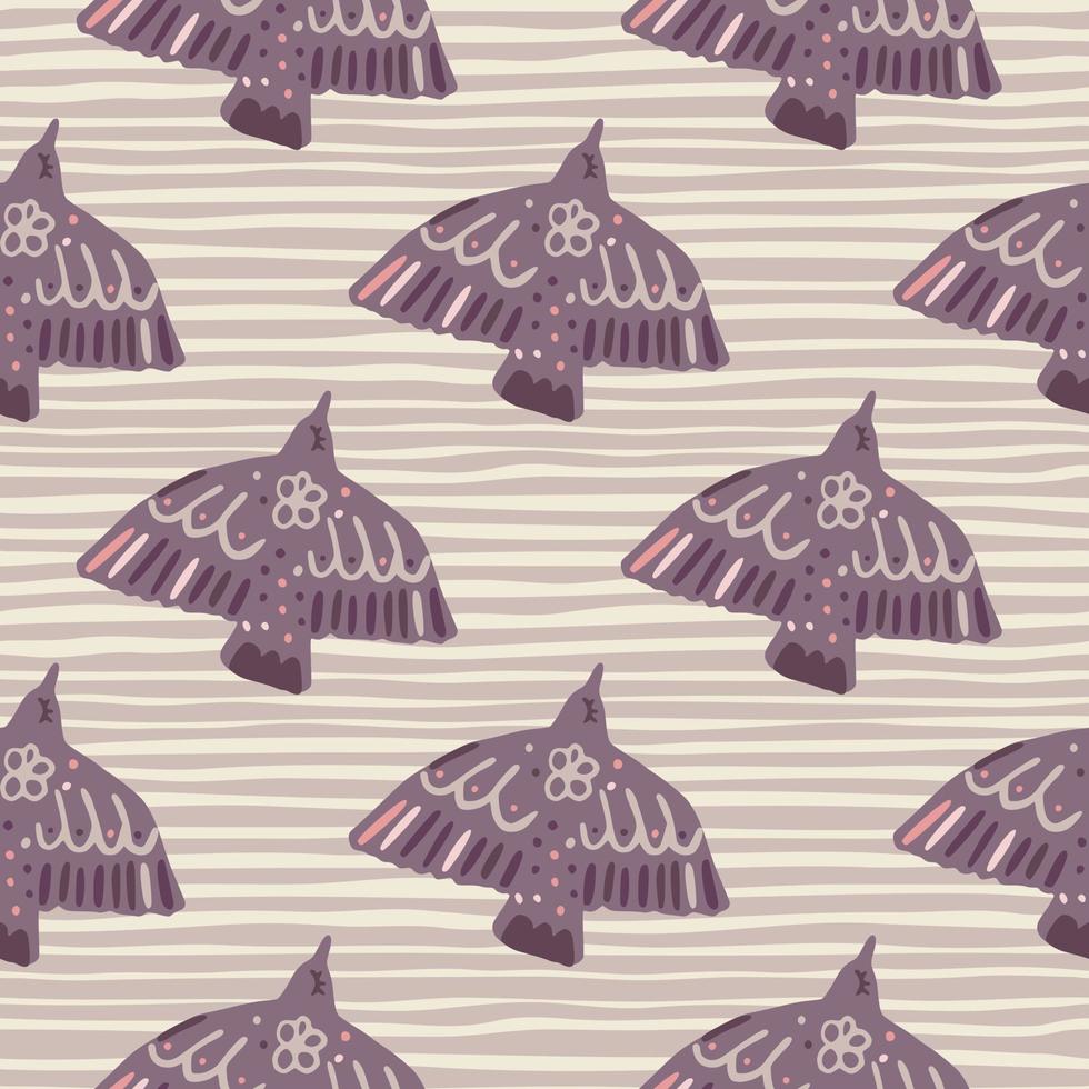 Purple birds seamless pattern. Hand drawn animal silhouettes on grey background with strips. vector