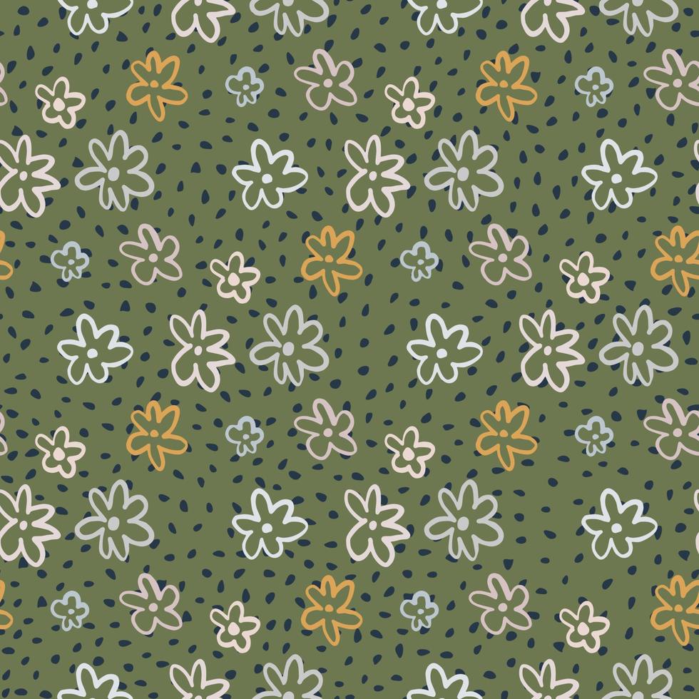 Autumn seamless pattern with soft green background and daisy outline silhouettes. Creative print. vector