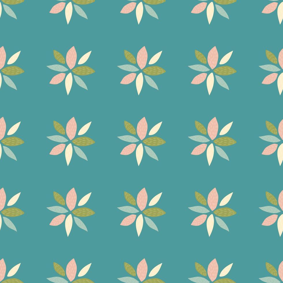 Seamless pattern with abstract flowers. Petals in pink, green, blue, white colors. Turquoise background. vector