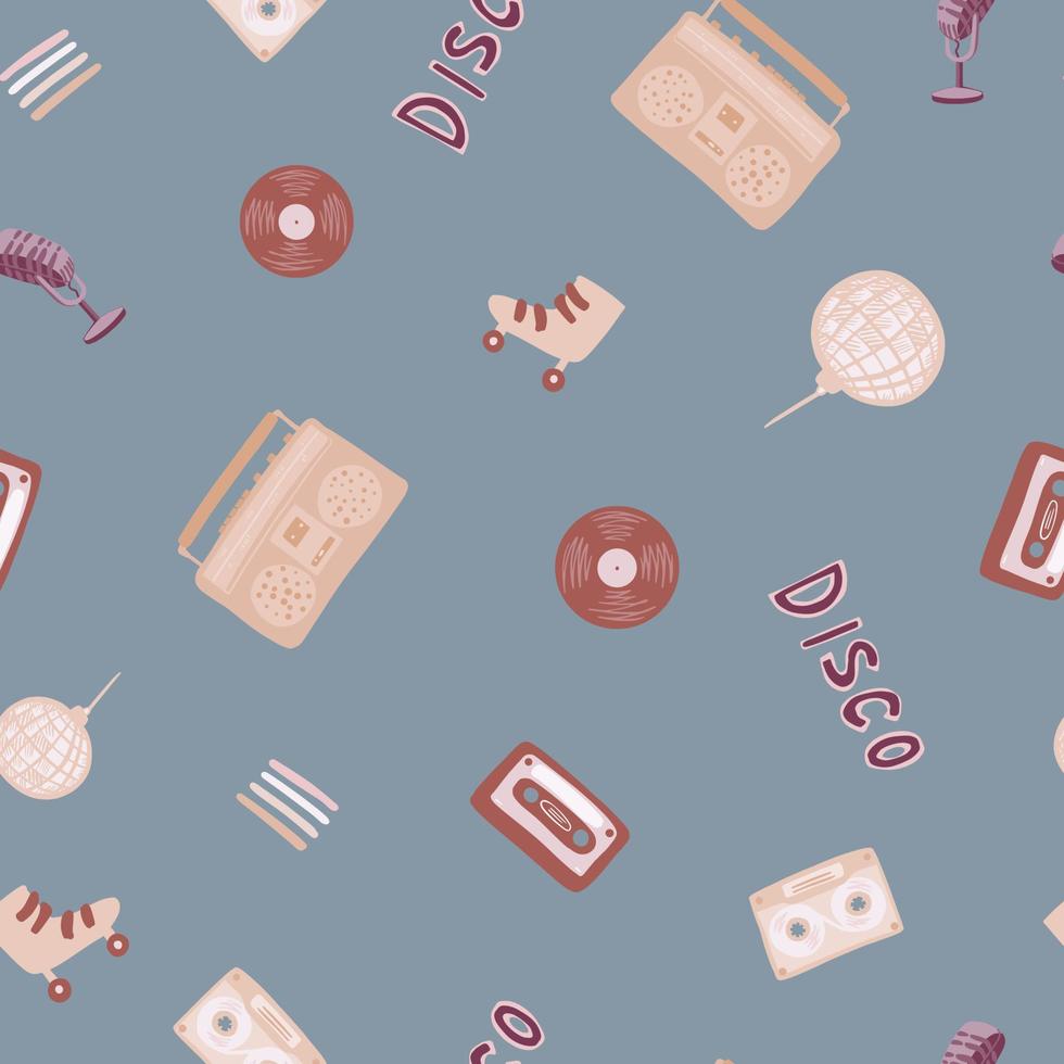 Random seamless disco pattern with doodle ball, microphone, rollers, cassette, tape recorder, vinyl, records silhouettes. Pale blue background. Maroon elements. vector