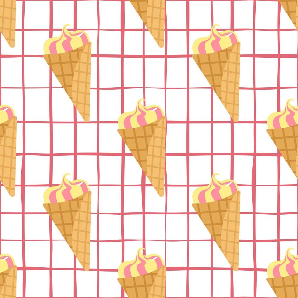 Seamless pattern with frozen ice cream. White chequered background and cream in yellow and pink colors. vector