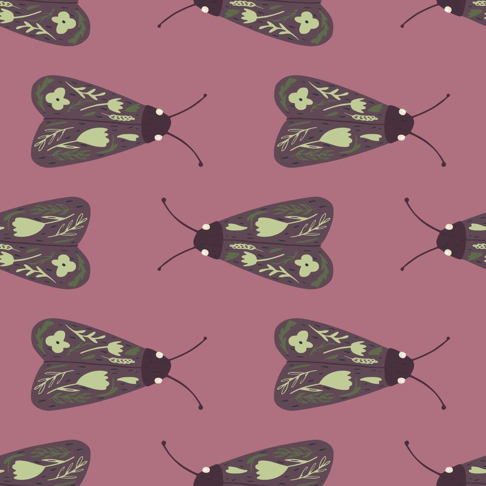 Seamless pattern with moth simple ornament. Butterfly shapes with folk details on dark pink background. vector