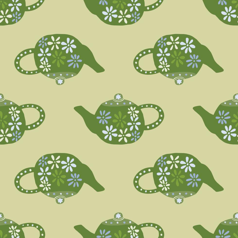 Green teapots ornament seamless pattern. Ceramic dishes with flowers on light beige background. vector