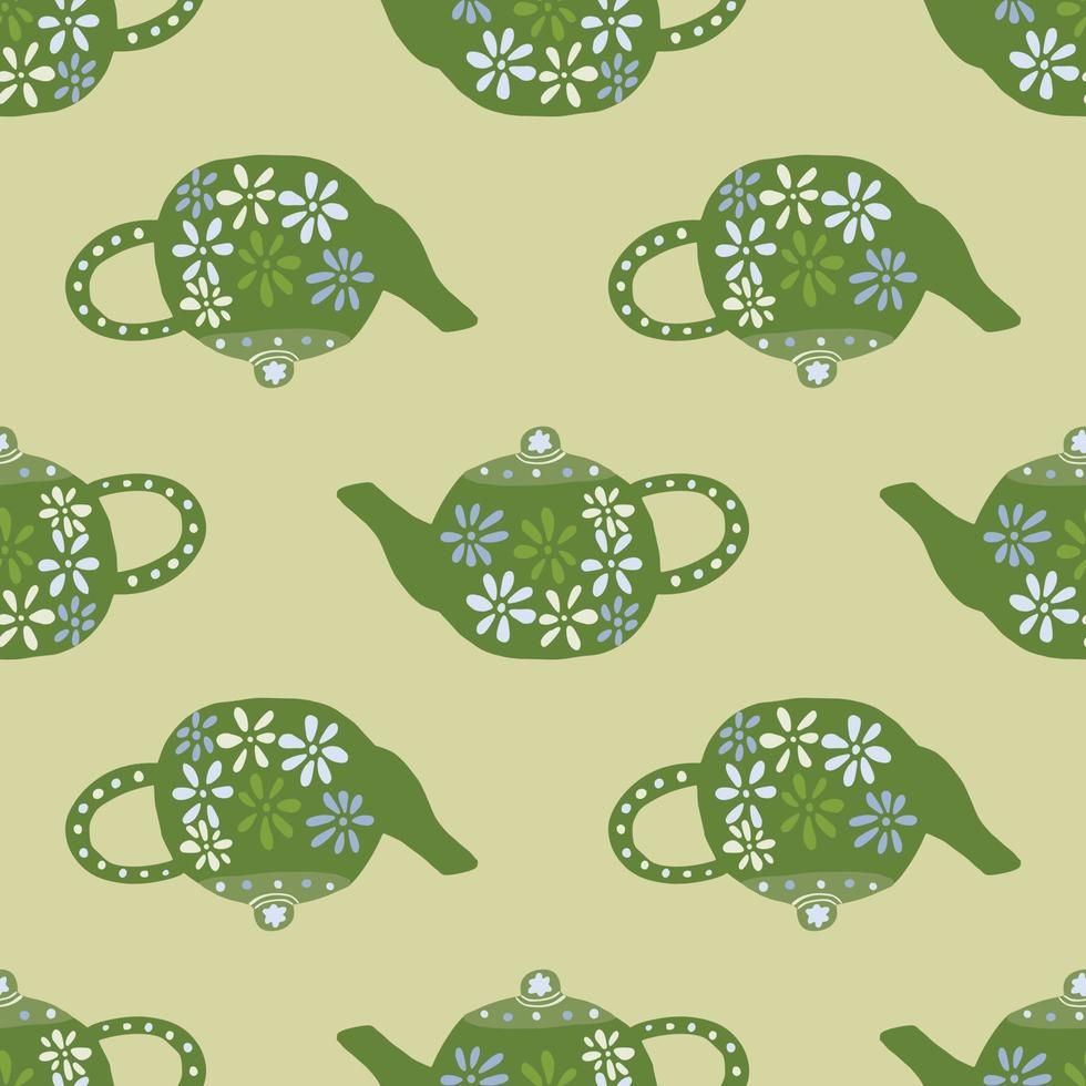 teteras verdes ornamento de patrones sin fisuras. platos de cerámica con flores sobre fondo beige claro. vector