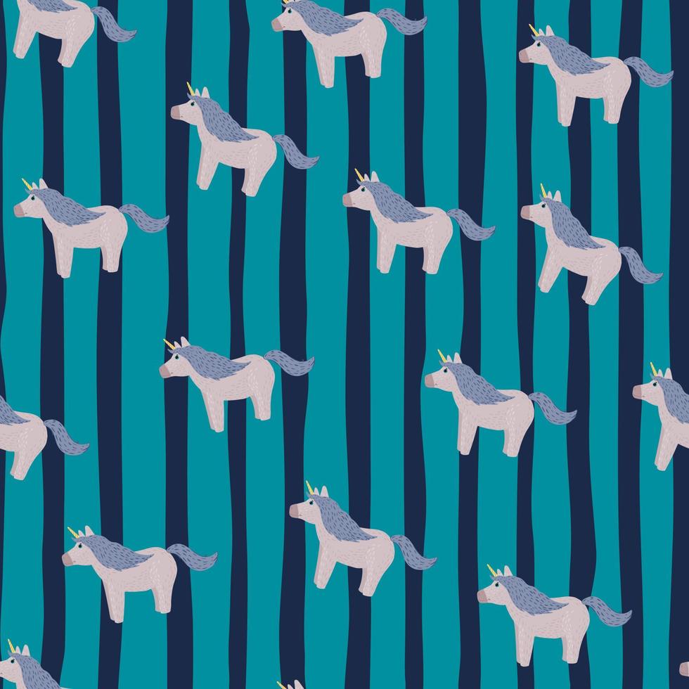 Random seamless pattern with doodle bue unicorn elements. Turquoise striped background. Childish backdrop. vector