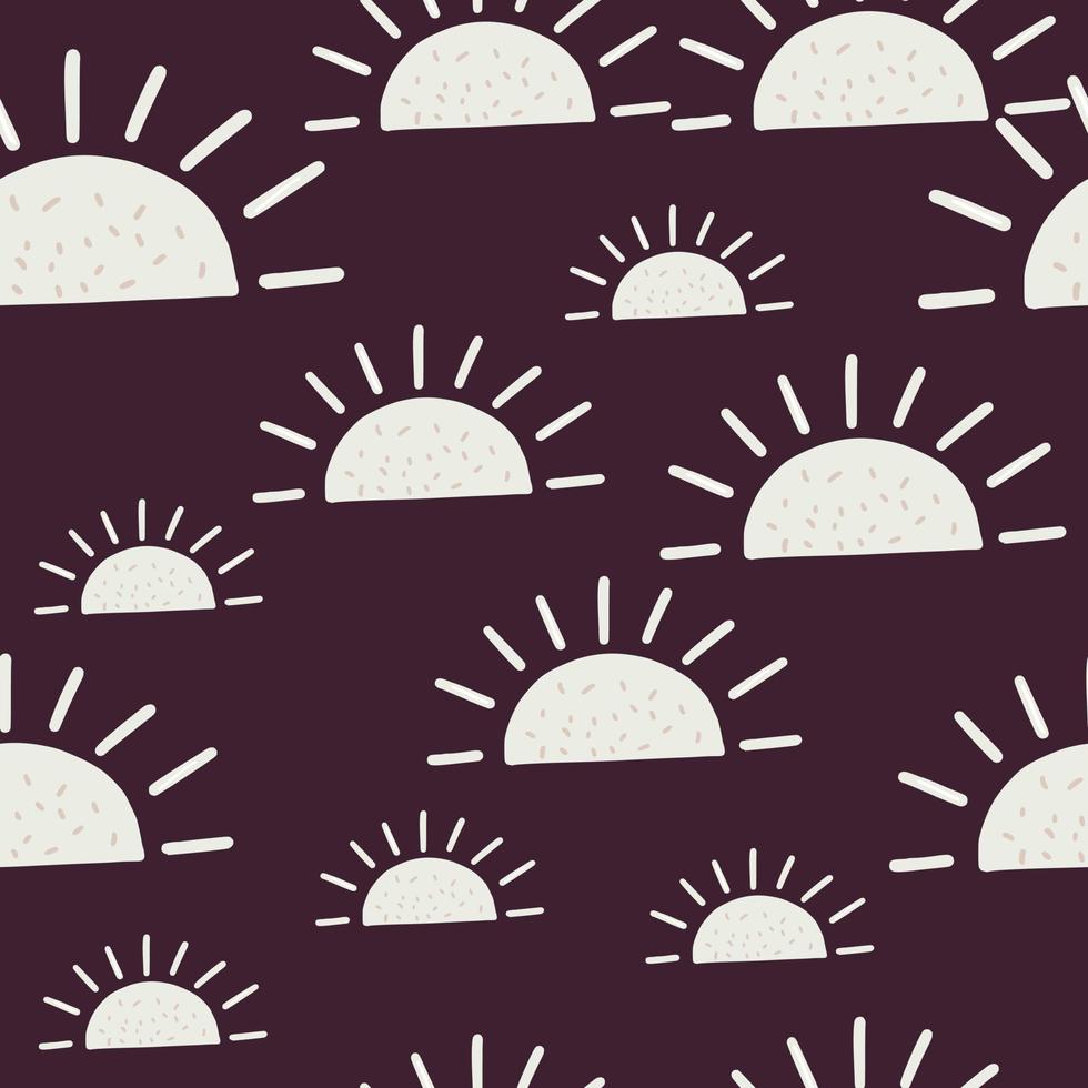 Random grey ethnic sun elements seamless pattern. Dark purple background. Hand drawn symbols sketch. vector