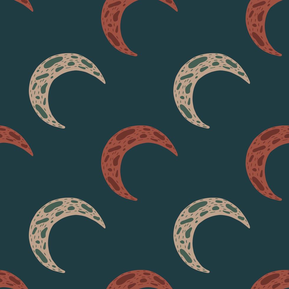 Kids seamless pattern with hand drawn space moon ornament in beige and red colors. Navy blue background. vector