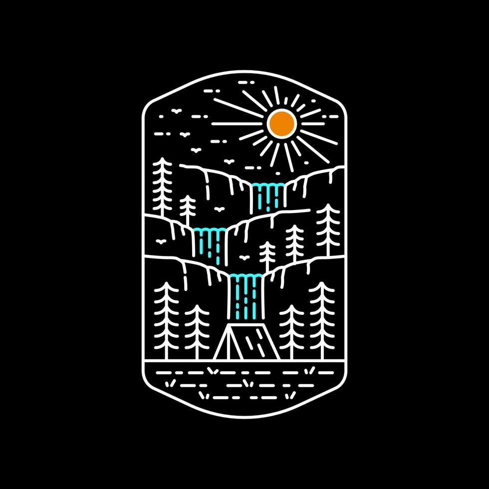 camp in forest with beautiful waterfall - line art mono line for pin graphic illustration vector art t-shirt design