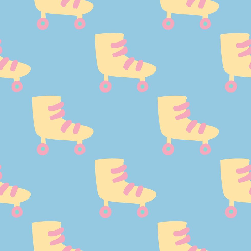 Minimalistic simple seamless pattern with doodle roller ornament. Sport style print with yellow shoes shapes on blue background. vector