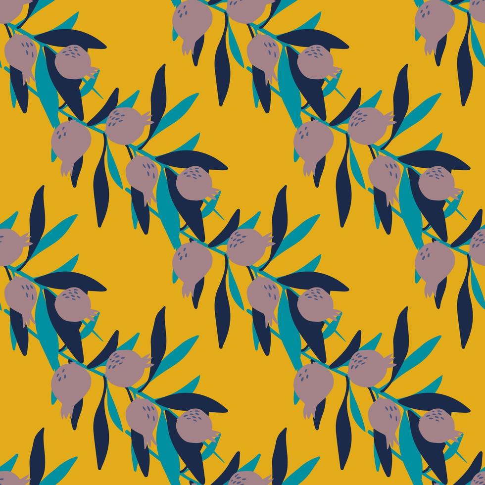 patrón sin costuras con hojas y bayas sobre fondo amarillo. papel pintado floral. impresión botánica. vector