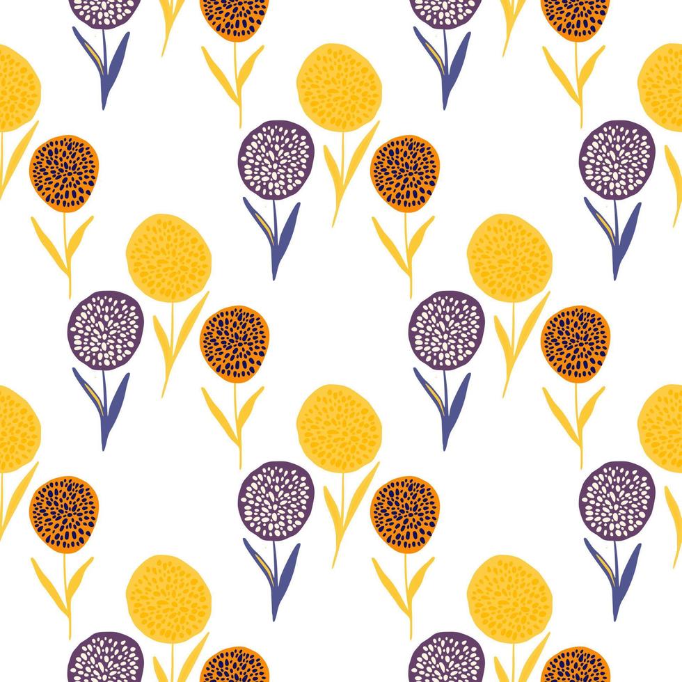 Isolated dandelion flowers silhouettes seamless pattern. White background with yellow, purple and orange botanic ornament. vector
