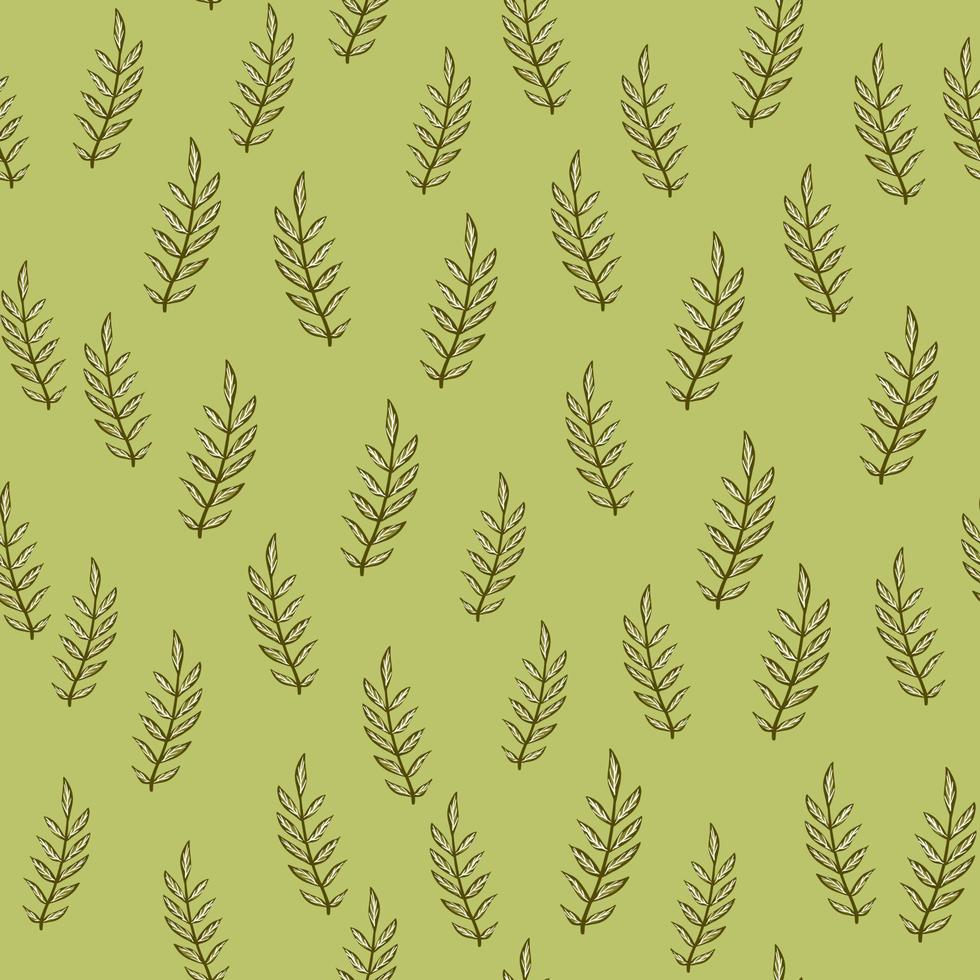 Botanic seamless random pattern with outline brown little branches ornament. Green olive pastel background. vector