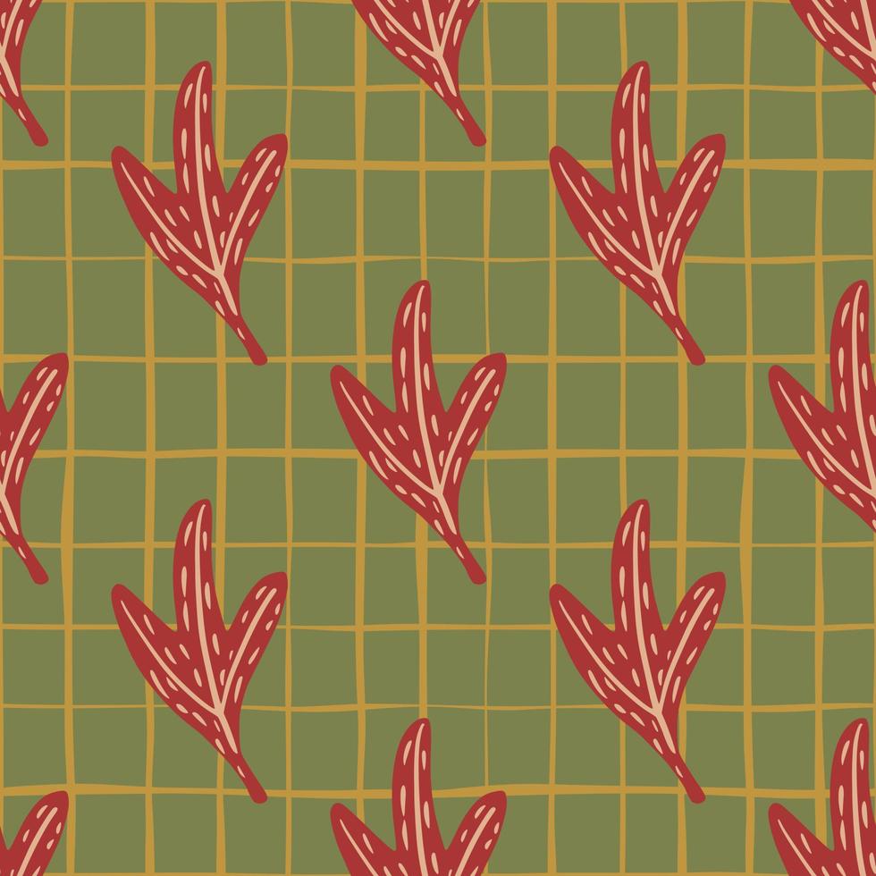Season autumn seamless pattern with red dashes leaf ornament. Green pastel chequered background. vector