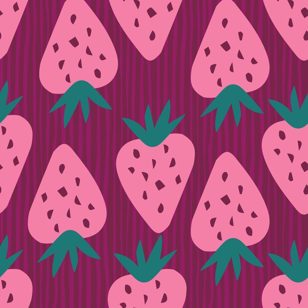 Sweet berries backdrop. Pink strawberries wallpaper. Doodle strawberry seamless pattern on stripes background. vector