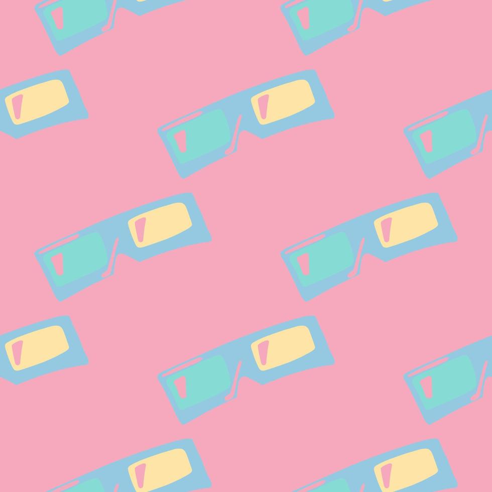 Bright seamless pattern with 3D glasses silhouettes. Simple doodle blue and yellow colored ornament on pink background. vector