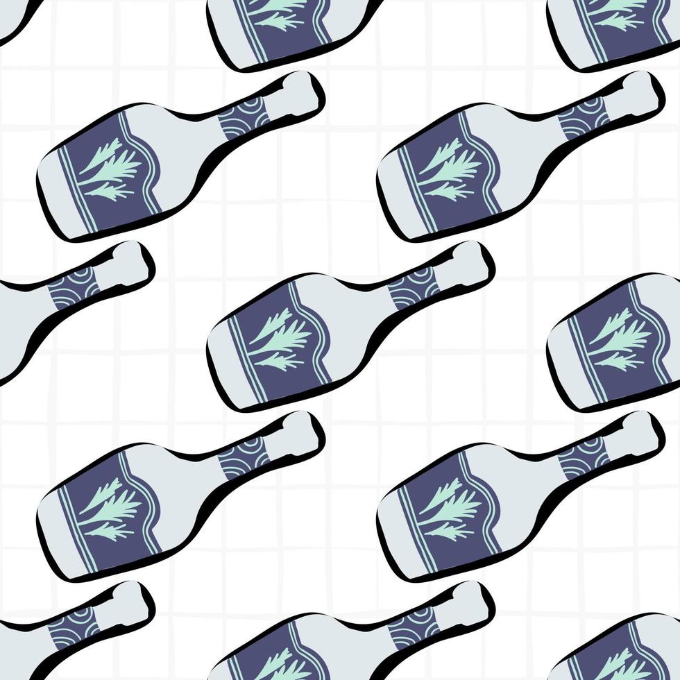 Funny glass bottle seamless pattern on stripes background. Alcohol rum bottles. vector