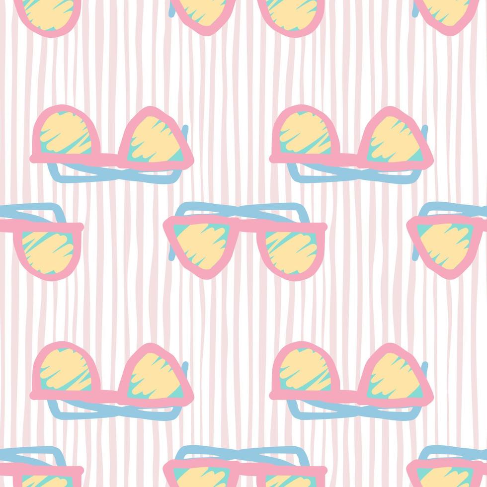 Sunglasses silhouettes seamless doodle pattern. Simple yellow and pink elements on stripped background. vector
