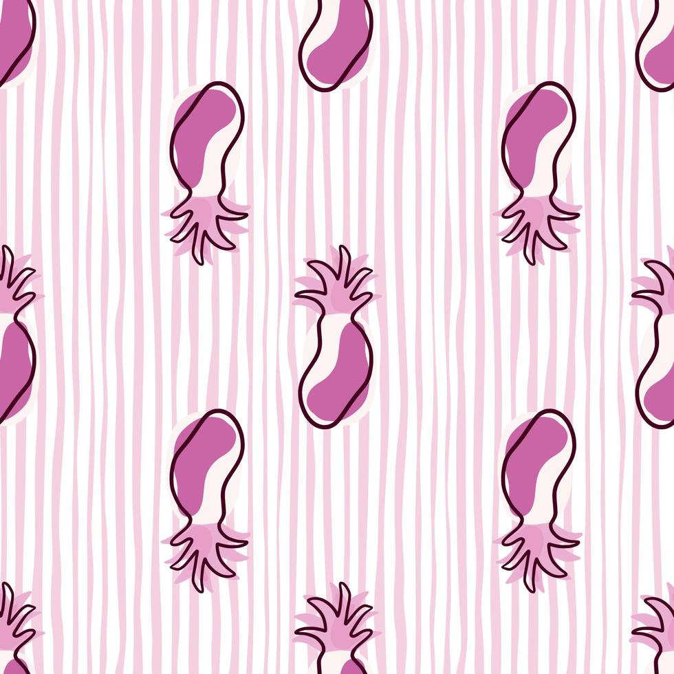 Purple contoured abstract pineapples fruit seamless pattern. Light striped background. Simple style. vector