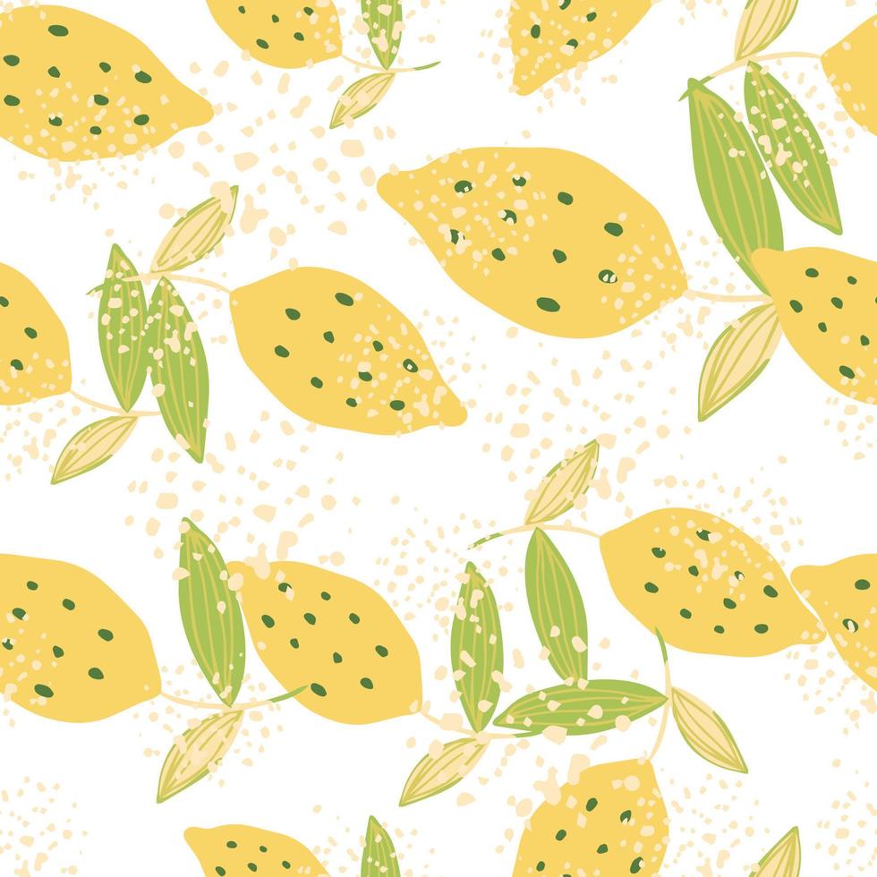 Lemon with leaf seamless pattern on white background. Hand drawn citrus fruits wallpaper. vector