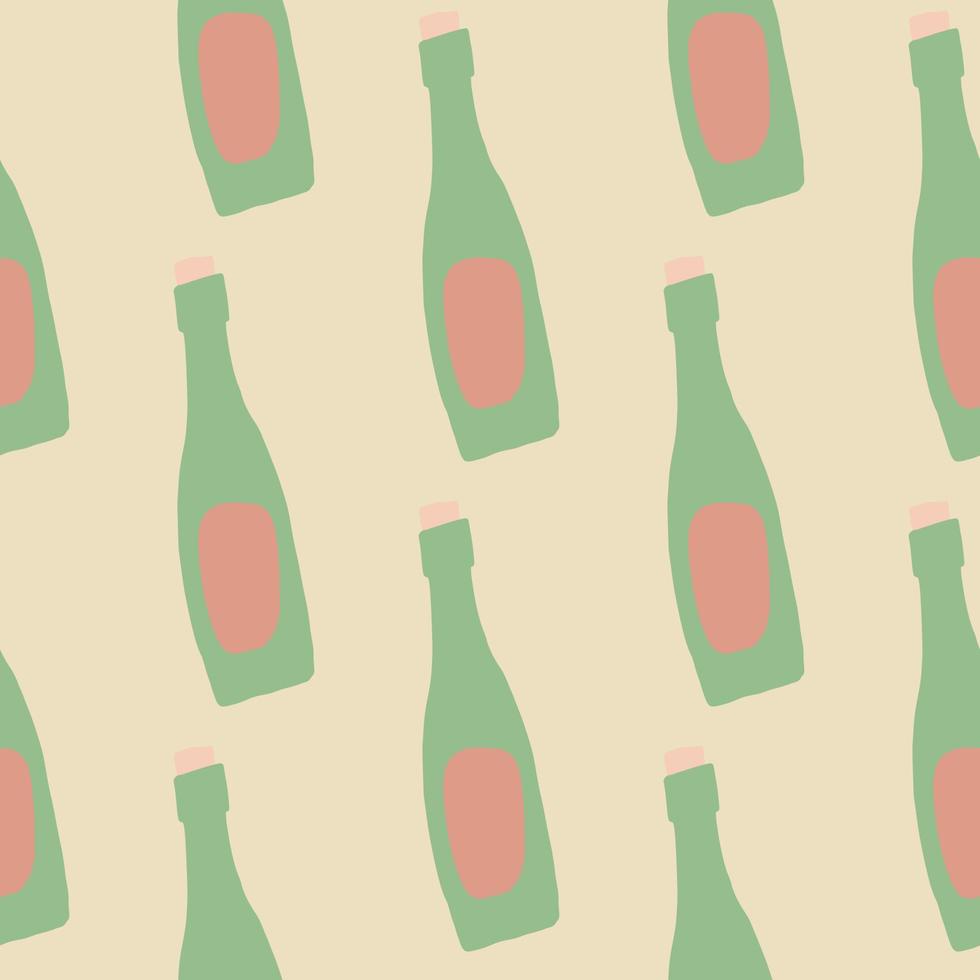 Pale seamless pattern with wine bottle silhouettes. Green drink ornament on light pink background. vector