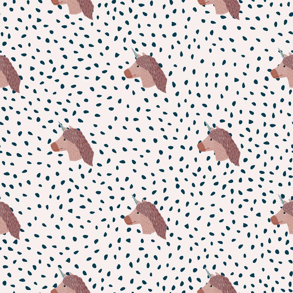 Simple brown unicorn faces seamless doodle pattern. White backround with dots. Baby sweet animal print. vector