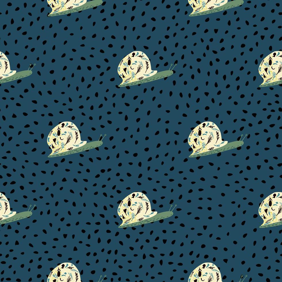 Hand drawn seamless pattern with snail silhouettes. Light yellow and green colored detailed animals on navy blue dotted background. vector