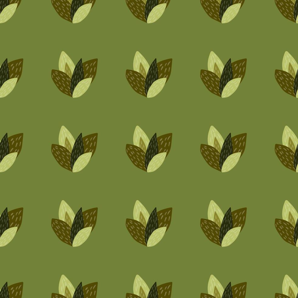 Brown and green leaves in seamless pattern with olive background. vector