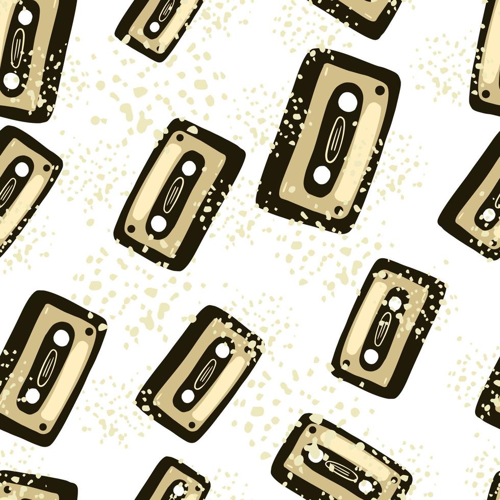 Random cassette isolated seamless pattern. Brown and beige music doodle ornament on white background with splashes. vector