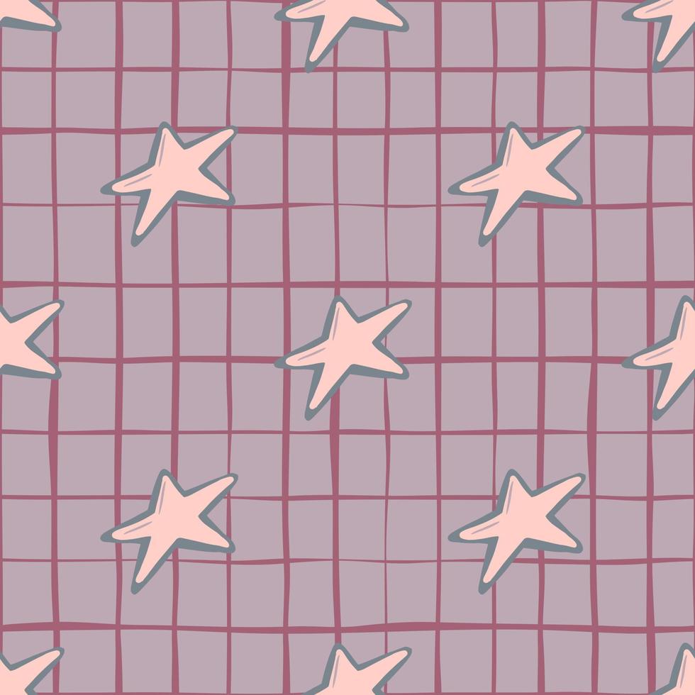 New year cookie star ornament seamless doodle pattern. Tasty elements in pink pastel colors on purple chequered background. vector