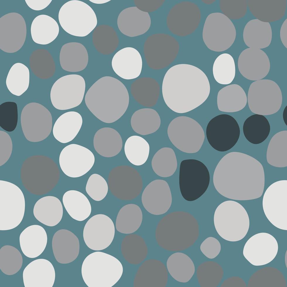 Stones silhouettes seamless doodle pattern. Simple grey spots on dark turquoise background. Masonry print. vector