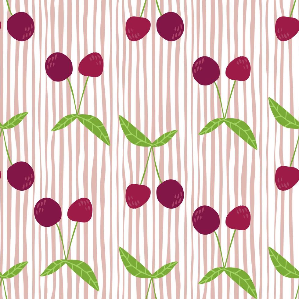 patrón sin costuras de cereza madura para el diseño de telas. fondo de pantalla de cerezas rojas sobre fondo de rayas. vector