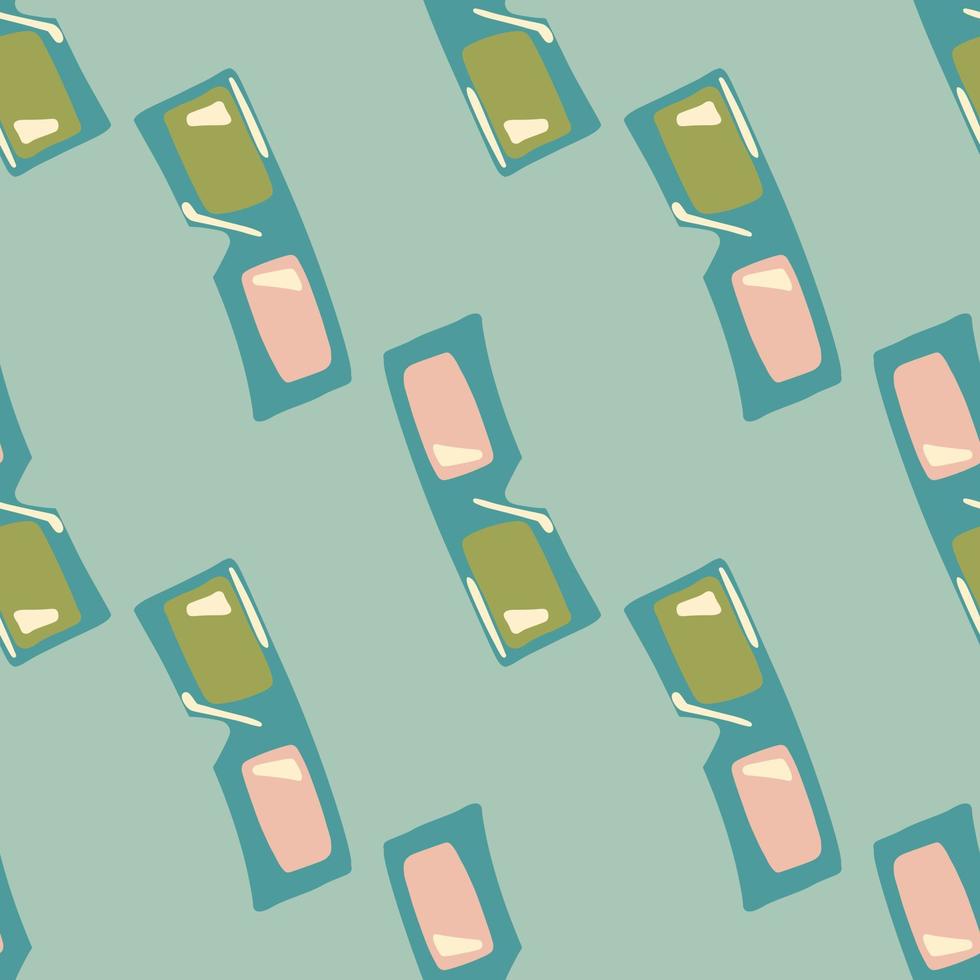 Green and pink colored 3D glasses seamless doodle pattern. Light blue background. Cinema style backdrop. vector