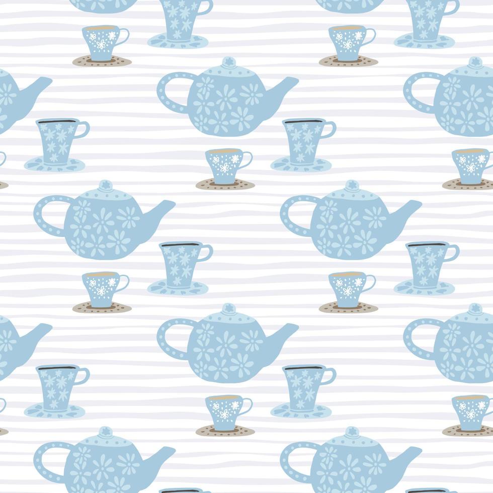 Seamless doodle pattern with hand drawn tea ceremony elements. Dish elements in soft blue tones on white stripped background. vector