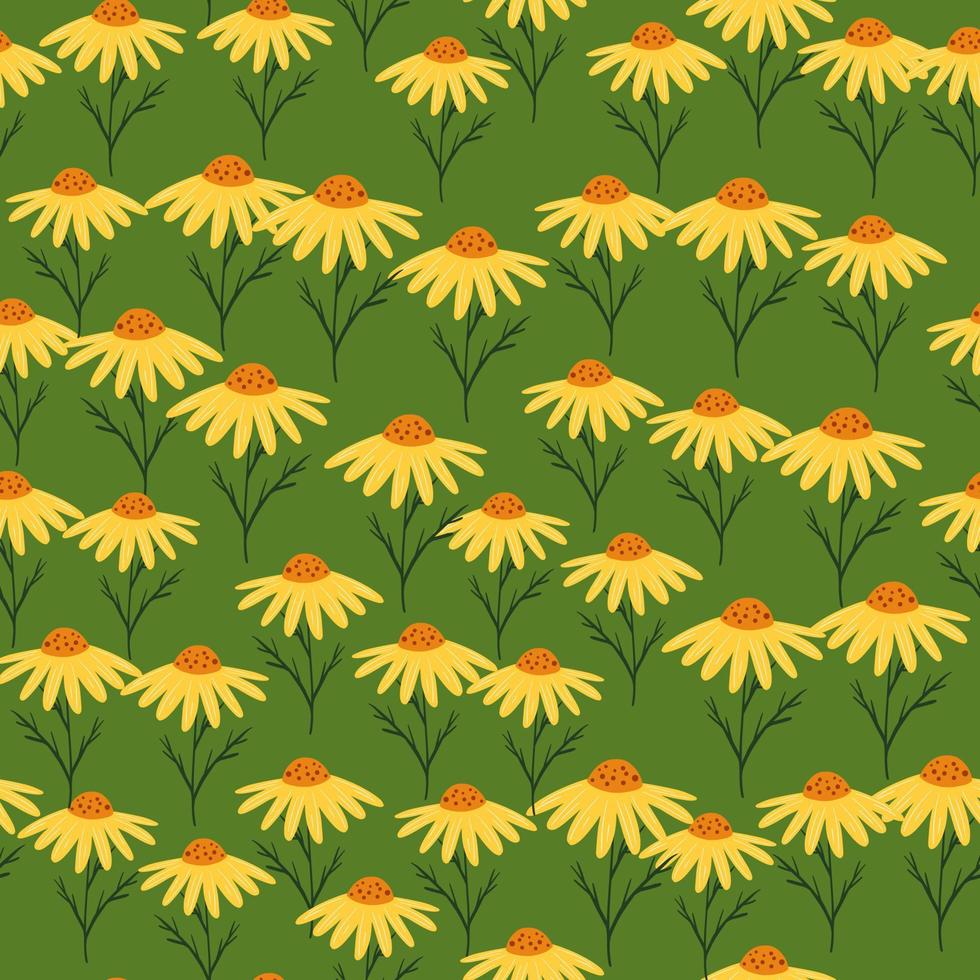 Hand drawn seamless pattern with simple style yellow random flowers shapes. Green background. vector