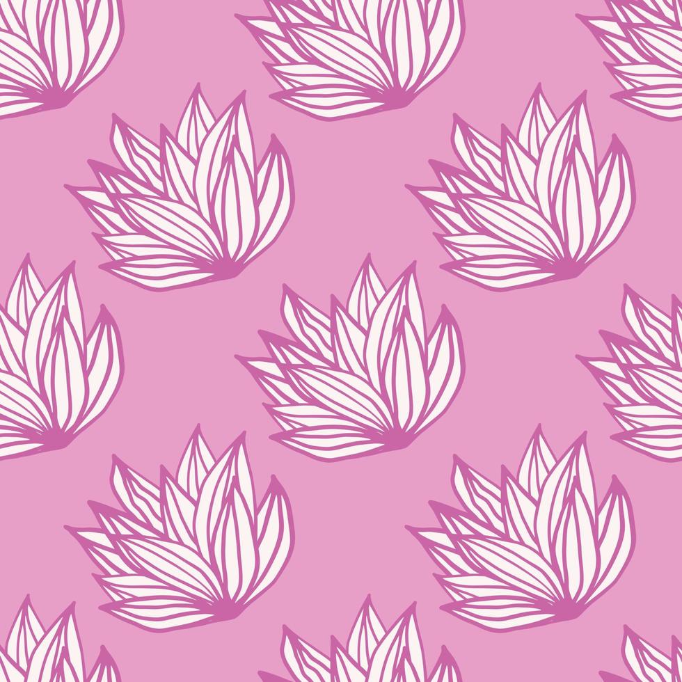 Spring hand drawn seamless pattern with foliage bush. Light pink background with white outline leaves. vector