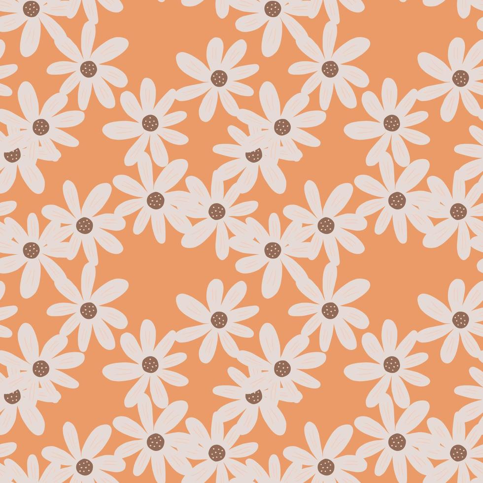 Doodle ditsy flowers seamless pattern on orange background. Retro chamomile print. Floral ornament. vector