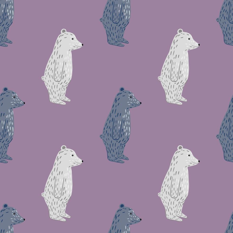 Fauna arctic animal seamless pattern with doodle hand drawn polar bears ornament. Purple background. vector