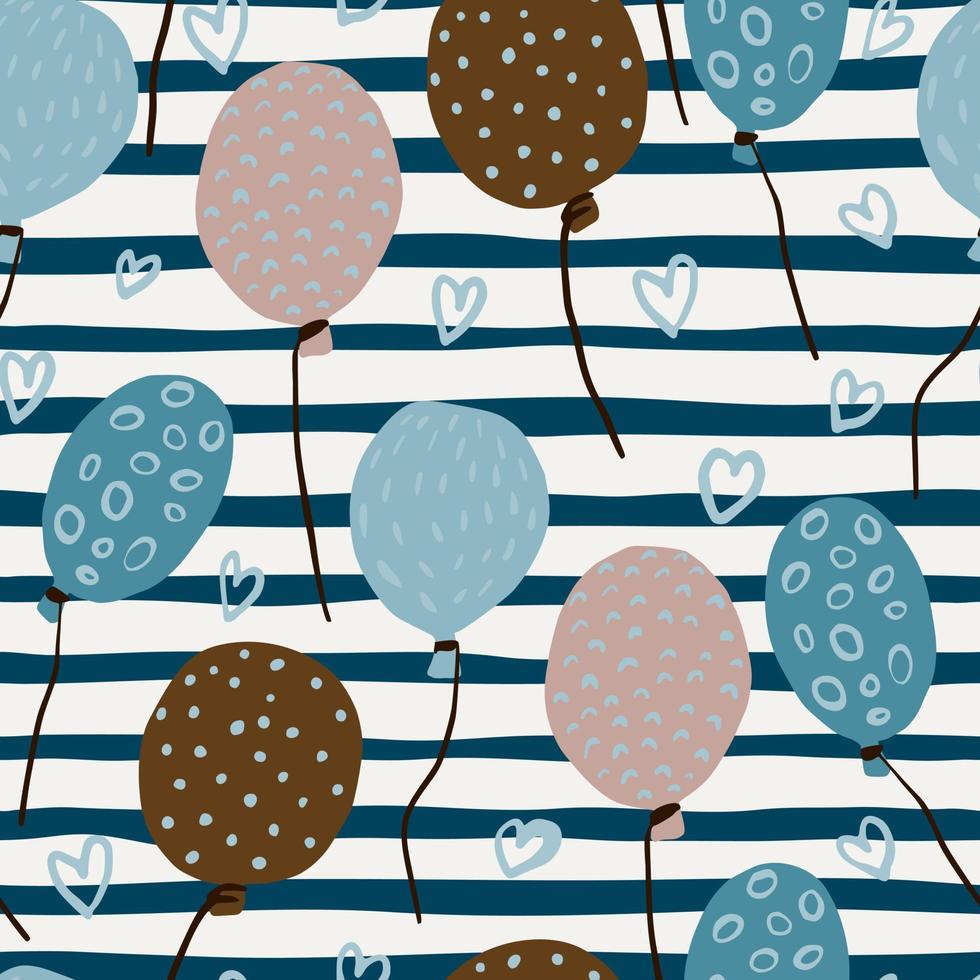 Random holiday seamless doodle pattern. Bue, brown and pink balloons silhouettes with outline heart details. Stripped background. vector