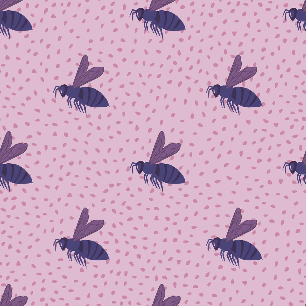 Purple simple bees silhouettes seamless pattern. Light lilac background with dots. vector