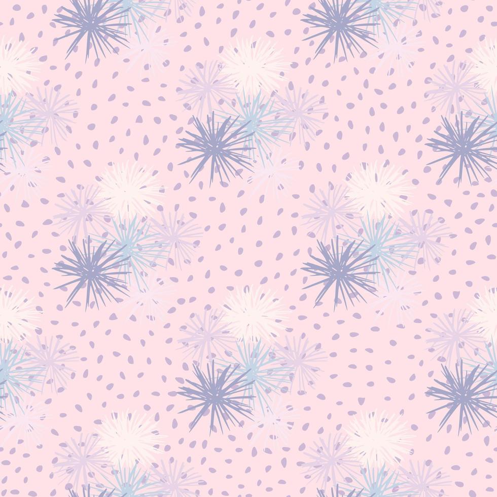 Sea urchin seamless hand drawn pattern. Simple abstract ornament in blue and white tones on soft pink dotted background. vector