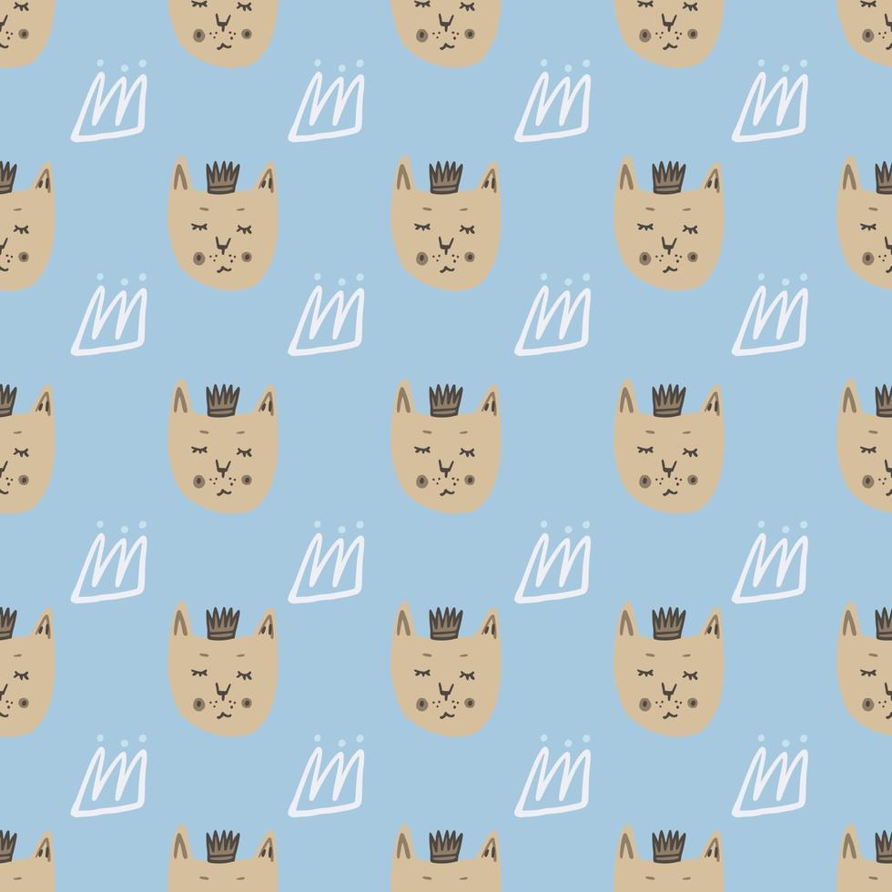 Bright seamless pattern with little cat faces and white outline crowns. Print with blue background. Creative design. vector