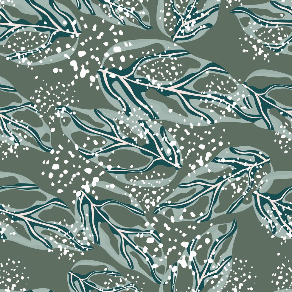 Random dark seamless pattern with doodle blue pale monstera shapes. Green background with white splashes. vector