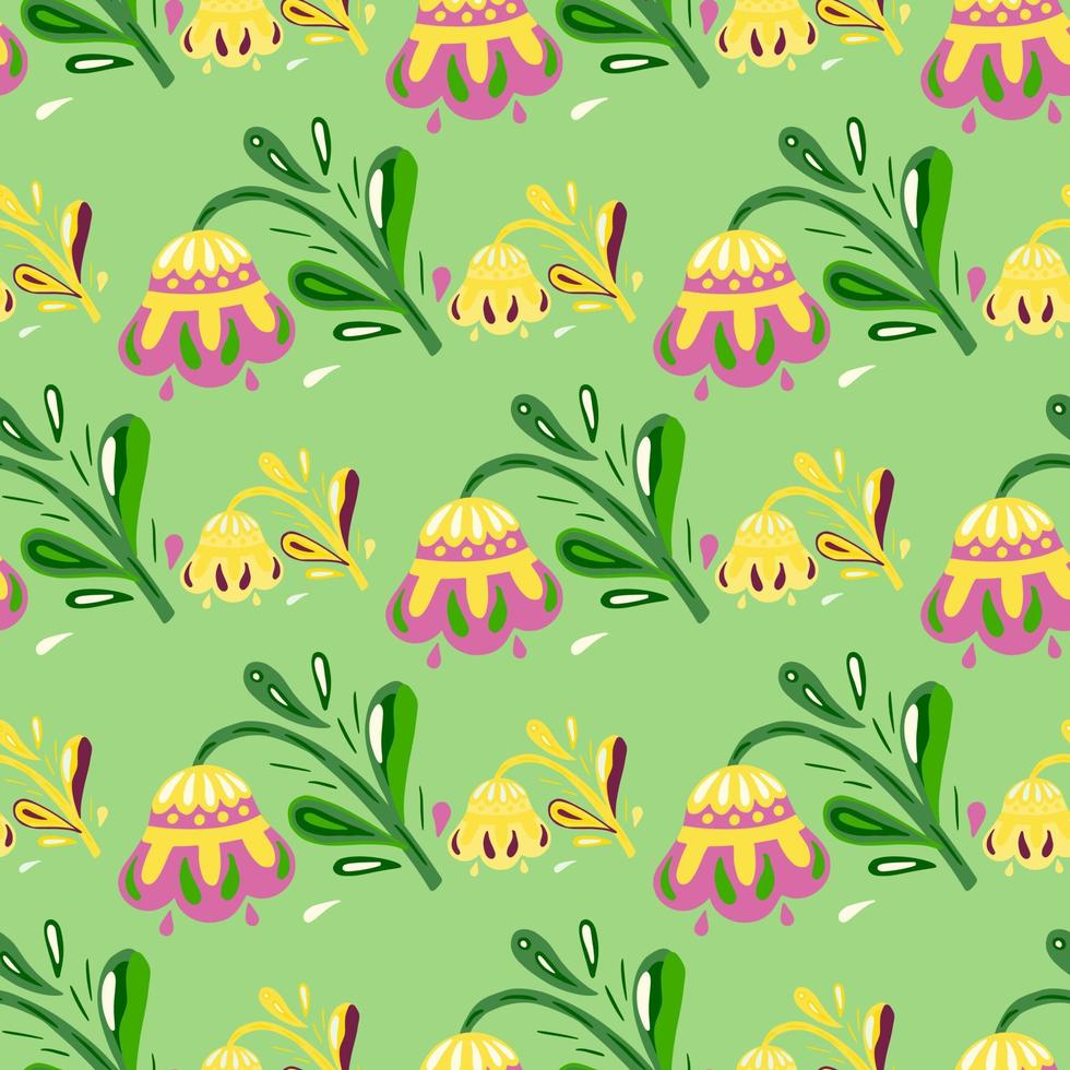 Seamless nature pattern with hand drawn yellow folk flowers ornament. Light green backround. vector